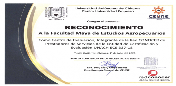 RECONOCIMIENTO A LA FACULTAD MAYA DE ESTUDIOS AGROPECUARIOS COMO CENTRO DE EVALUACIÓN