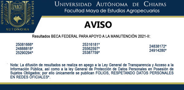 RESULTADOS BECA FEDERAL PARA APOYO A LA MANUTENCIÓN 2021-II:
